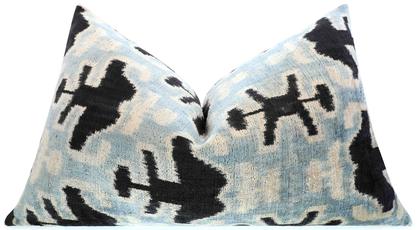Handmade Velvet Lumbar Pillow Ikat Design - with Premium Down Feather Insert