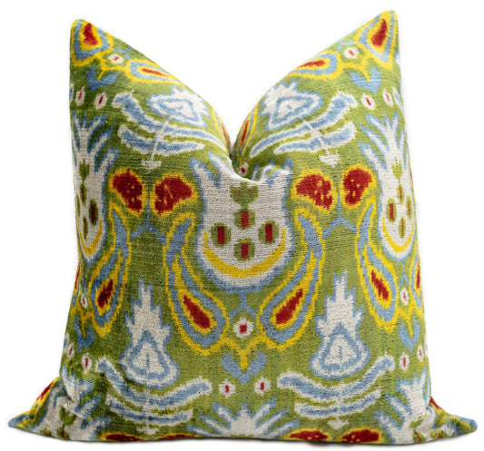 Handmade Velvet Throw Pillow with Multicolor Ikat Design - with Premium Down Feather Insert